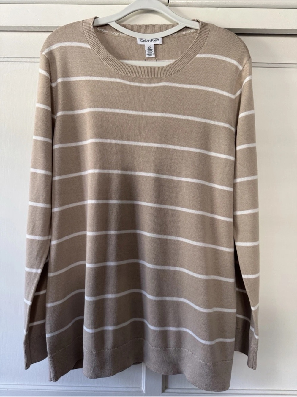 Calvin Klein Beige Knit Cotton Sweater with Contrast Logo Tag